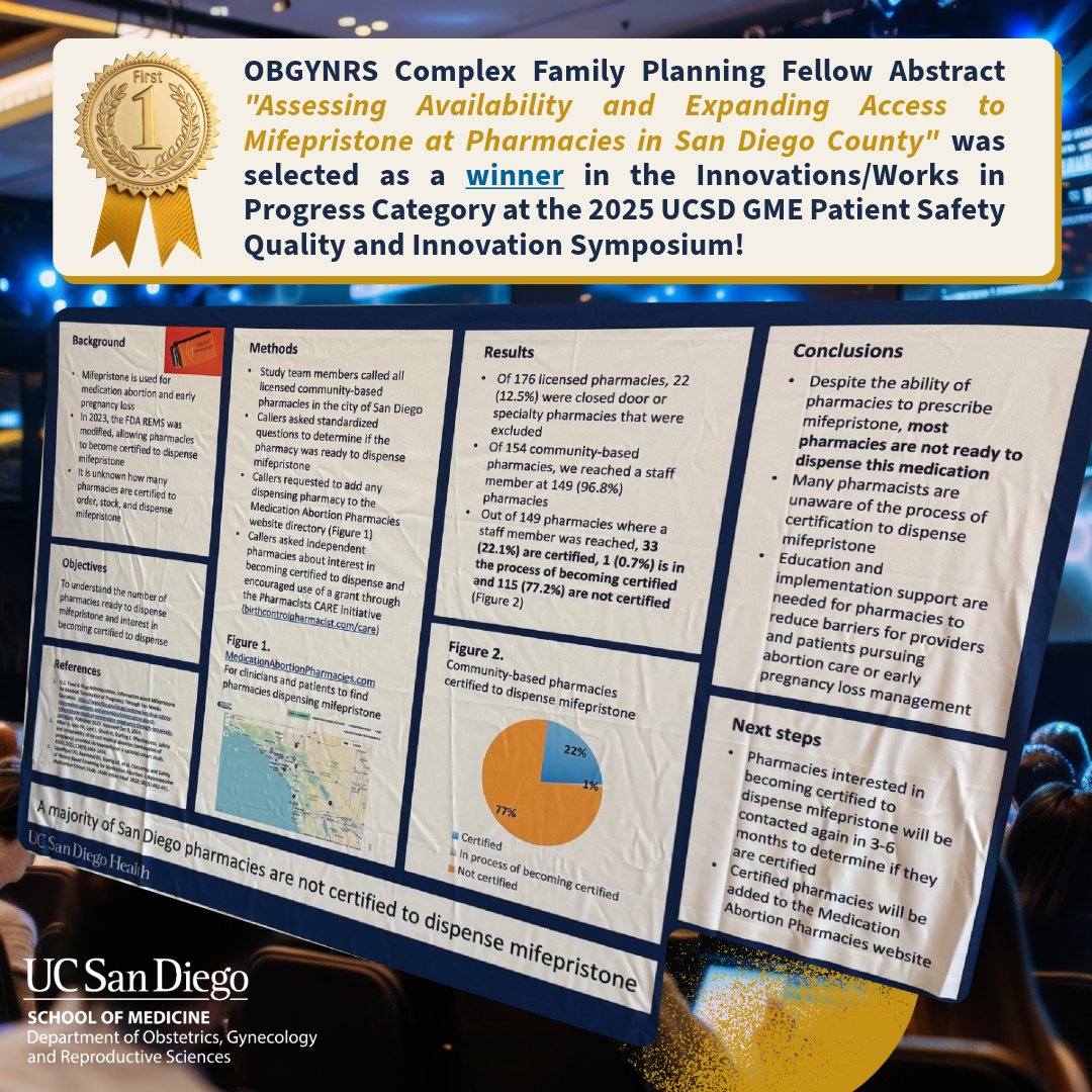 UC San Diego OBGYN (@ucsd_obgyn) on Twitter photo Karen (<a href="/UCSD_ObGyn/">UC San Diego OBGYN</a> #CFPFellow) abstract “Assessing Availability and Expanding Access to #Mifepristone at Pharmacies in San Diego County” was selected as a winner in the Innovations/Works in Progress Category at the 2025 UCSD GME PSQI Symposium! Karen (<a href="/UCSD_ObGyn/">UC San Diego OBGYN</a> #CFPFellow) abstract “Assessing Availability and Expanding Access to #Mifepristone at Pharmacies in San Diego County” was selected as a winner in the Innovations/Works in Progress Category at the 2025 UCSD GME PSQI Symposium!