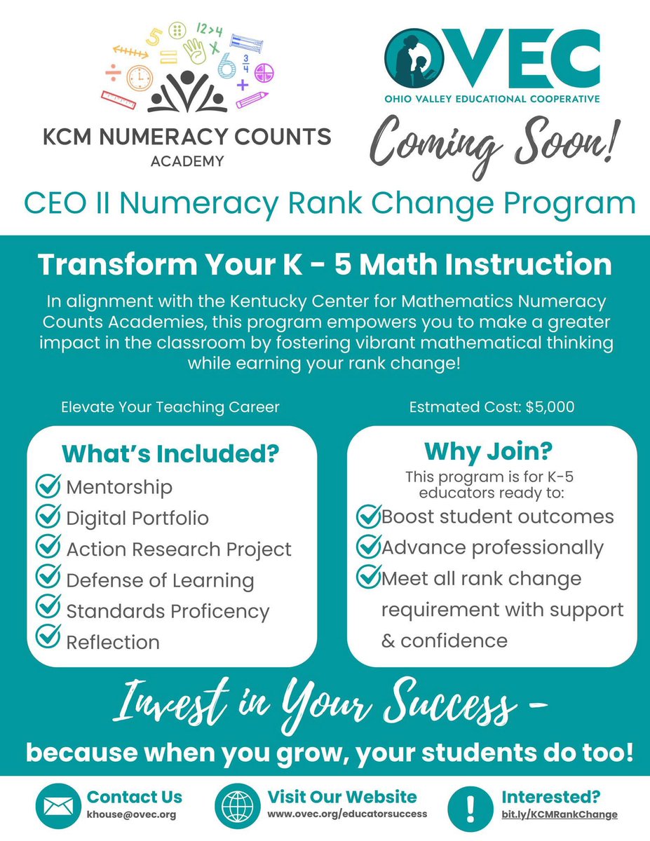 Kathymhouse's tweet image. OVEC is excited to launch our CEO II Numeracy Rank Change for K–5 teachers, pending EPSB approval. The program empowers you to impact learning fostering vibrant mathematical thinking while earning rank change! Complete the interest form at bit.ly/KCMRankChange to learn more!