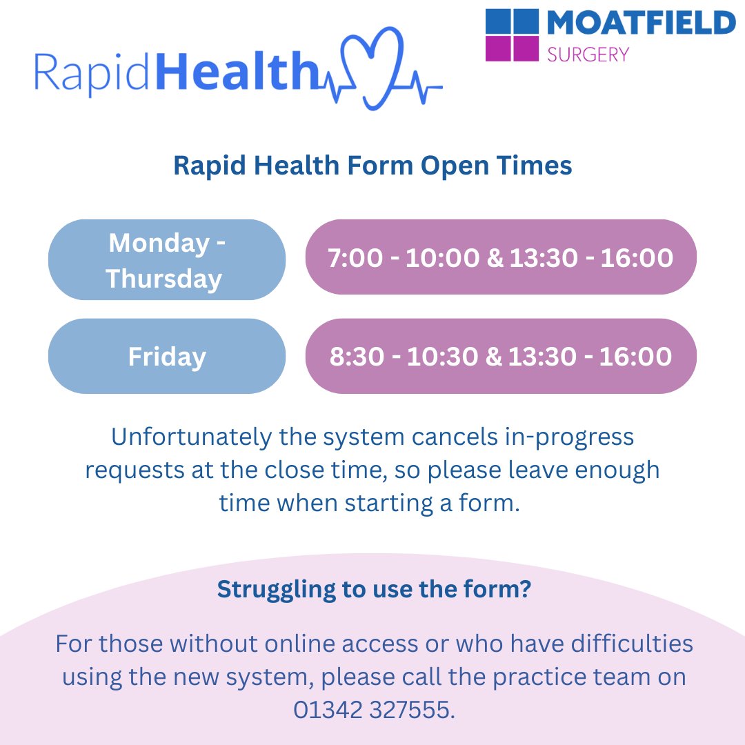 Please see our Rapid Health form open times below:
Monday -Thursday 07.00-10.00, and 13.30-16.00
Friday 08.30-10.30, and 13.30-16.00
For more information please visit our appointments page: moatfield.co.uk/book-an-appoin…