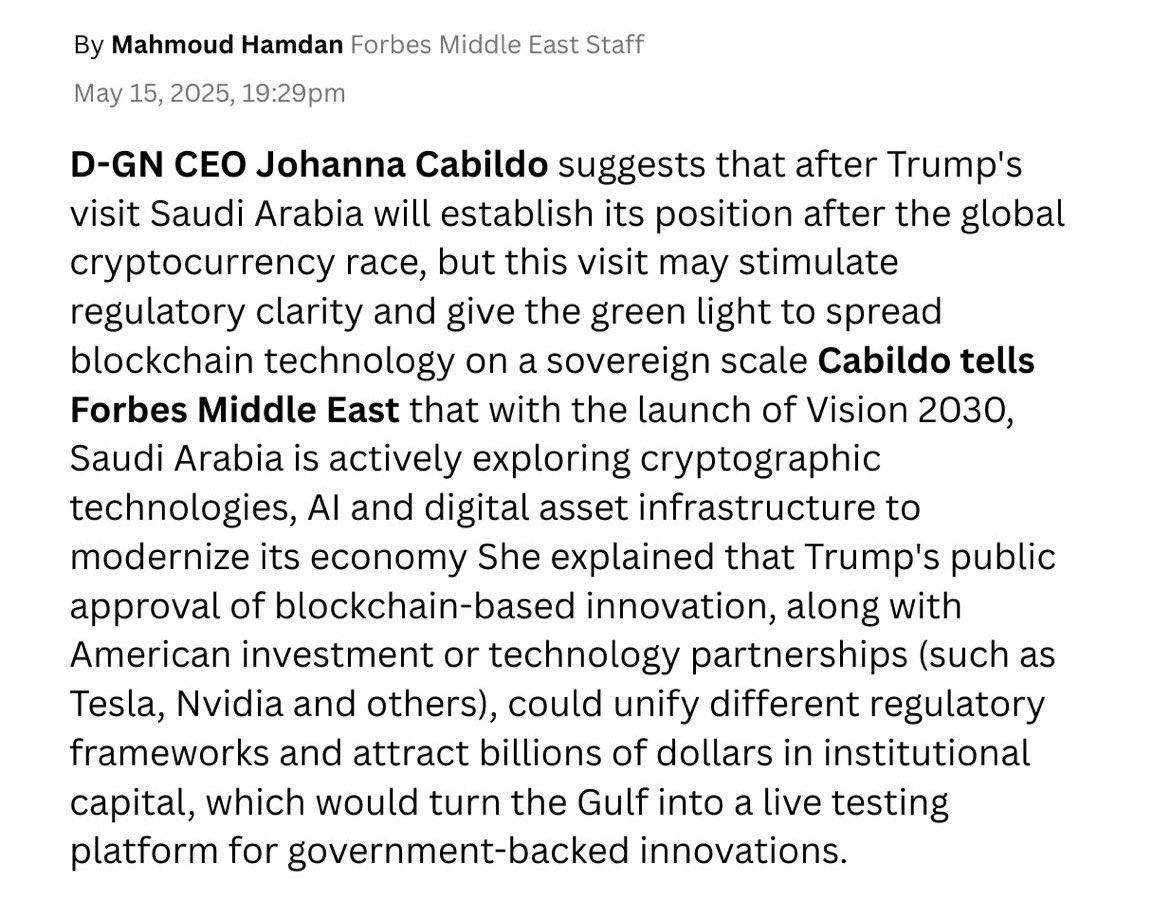 Johanna (@johannacabildo) on Twitter photo Honored to have my thoughts featured in <a href="/ForbesME/">فوربس الشرق الأوسط</a> on how @potus visit could accelerate Gulf-US collaboration in crypto and blockchain. ⛓️🙏🏽 The region is fast becoming a proving ground for sovereign-scale digital innovation.
#Vision2030 #Crypto #AI
Read the full piece here: Honored to have my thoughts featured in <a href="/ForbesME/">فوربس الشرق الأوسط</a> on how @potus visit could accelerate Gulf-US collaboration in crypto and blockchain. ⛓️🙏🏽 The region is fast becoming a proving ground for sovereign-scale digital innovation.
#Vision2030 #Crypto #AI
Read the full piece here: