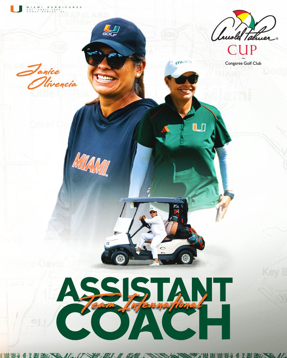 Miami Hurricanes Women's Golf (@hurricanesgolf) on Twitter photo What an honor for <a href="/coachjaniceUM/">Janice Olivencia</a> 🙌
Coach Olivencia was named an assistant coach for Team International for this year’s <a href="/ArnoldPalmerCup/">Arnold Palmer Cup</a>!
Read more: canes.news/APCup What an honor for <a href="/coachjaniceUM/">Janice Olivencia</a> 🙌
Coach Olivencia was named an assistant coach for Team International for this year’s <a href="/ArnoldPalmerCup/">Arnold Palmer Cup</a>!
Read more: canes.news/APCup