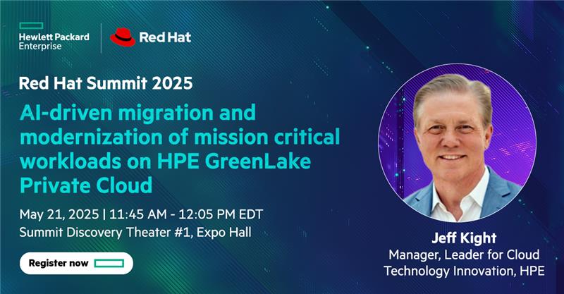 HPE_Alliances's tweet image. Leverage AI driven automation to migrate and modernize mission critical workloads. At #RHSummit, Jeff Kight will share how @HPE GreenLake Private Cloud and @RedHat OpenShift manage VM and container workloads efficiently. Explore more: hpe.to/6016NiHGE
#HPEAlliances…