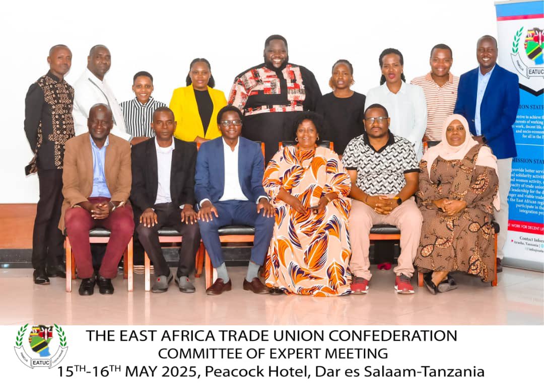 Twitter post
Today, EATUC convened a regional Experts Meeting in Dar es Salaam to validate the Draft Climate Change &amp; Just Transition Policy.
The policy champions green jobs, social protection, inclusion, and strong labor voices in climate action.
#EATUC 
#JustTransition