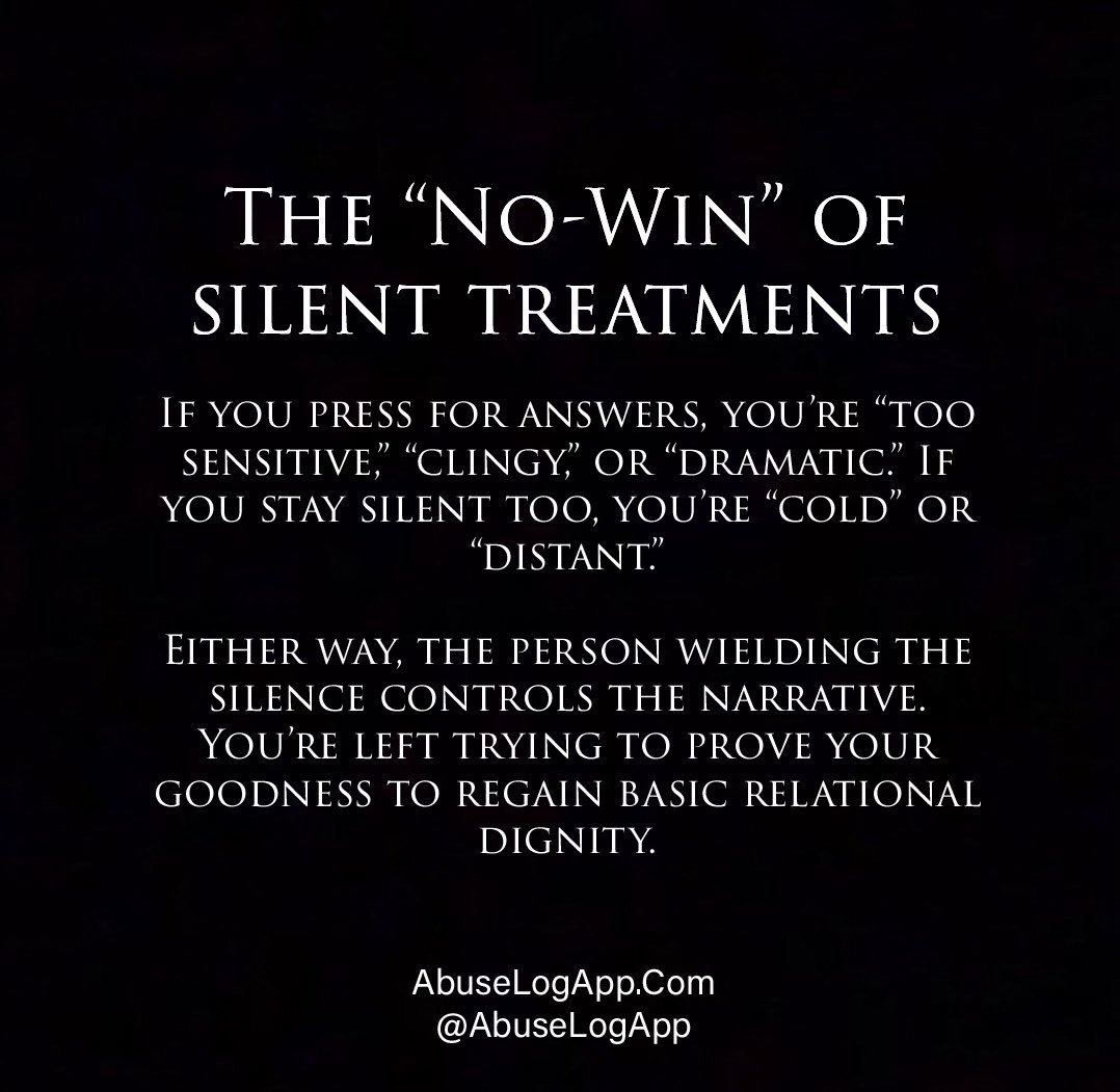 The silent treatment isn’t just a communication breakdown. It’s psychological warfare.

It slowly erodes your voice, dignity, and emotional safety—without a single word spoken.

#SilentTreatment
#EmotionalAbuse
#PsychologicalAbuse
#CovertAbuse
#NarcissisticAbuse
#Gaslighting