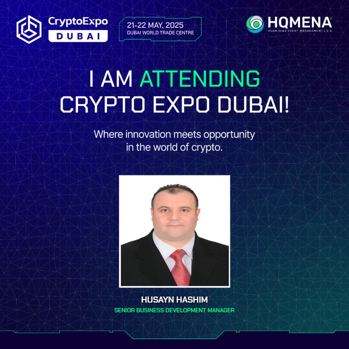 Hi Connections,
I will be attending the Crypto Expo event taking place at the Dubai World Trade Centre on May 21st and 22nd.
 Feel free to reach out if you’ll be attending as well — I’d be happy to connect. Thanks!

Phone number: +971527728780
TG handle: <a href="/husaynhashim/">Husayn Hashim</a>
