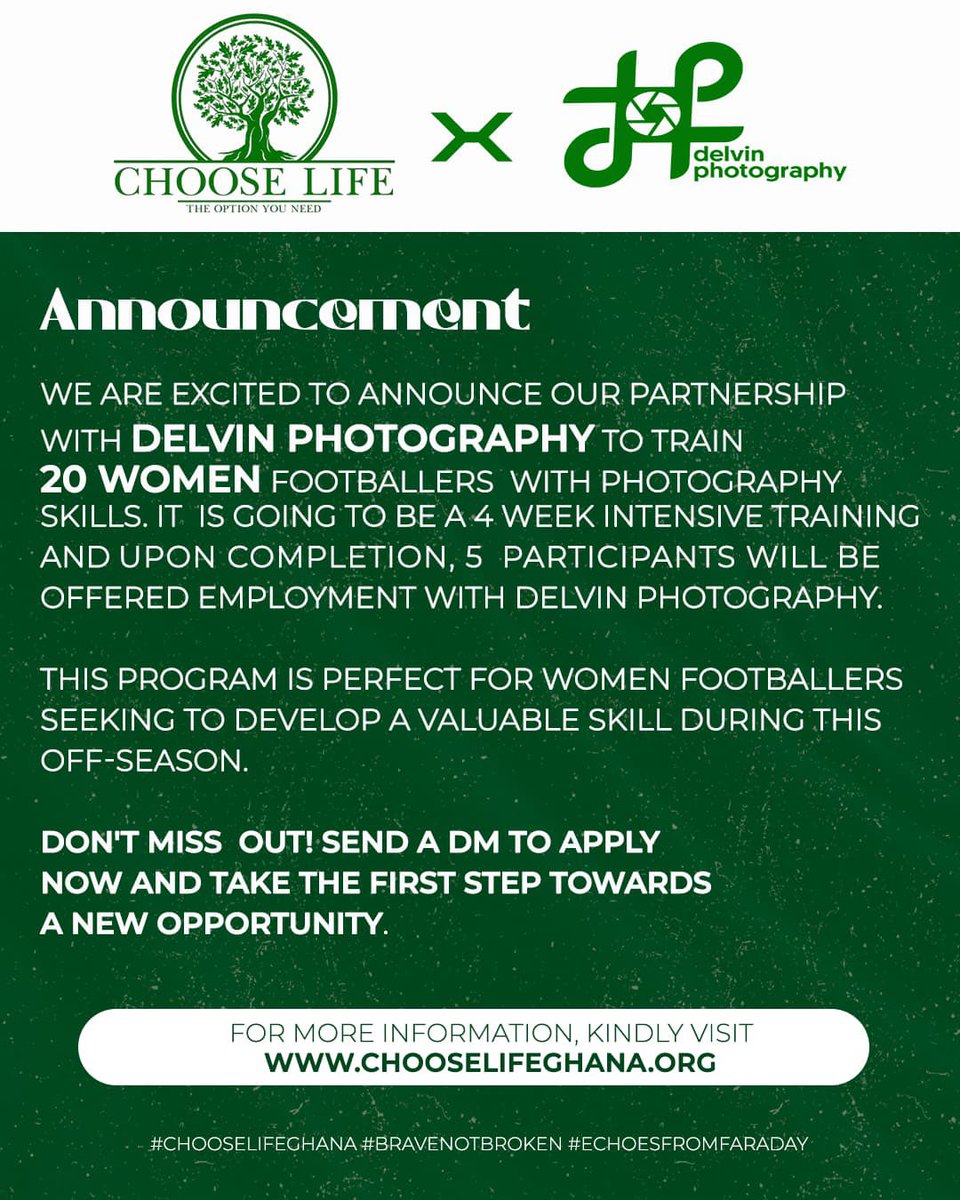 wb_worldbest's tweet photo. Join our 4-week photography training program, brought to you by @ChooseLifeghana and DP Photography. This opportunity is opened to Ghanaian women footballers. 
Call/WhatsApp: 0247594053 or DM to Apply!!
Take your first shot towards new skills this offseason.

#EchoesFromFaraday https://t.co/d7QBaaUIvC