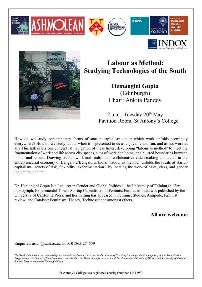 Asian Studies Centre (@asianstudies_ox) on Twitter photo This Tuesday (20 May) Hemangini Gupta (Edinburgh) will present the <a href="/CSASPOxford/">CSASP Oxford Uni</a> Seminar 'Labour as Method: Studying Technologies of the South'
<a href="/StAntsCollege/">St Antony's College, University of Oxford</a> This Tuesday (20 May) Hemangini Gupta (Edinburgh) will present the <a href="/CSASPOxford/">CSASP Oxford Uni</a> Seminar 'Labour as Method: Studying Technologies of the South'
<a href="/StAntsCollege/">St Antony's College, University of Oxford</a>