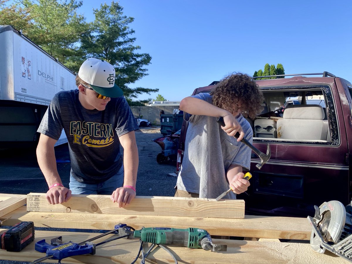 Advanced carpentry students decided to do one more project for the year. They are building a playhouse for a client.