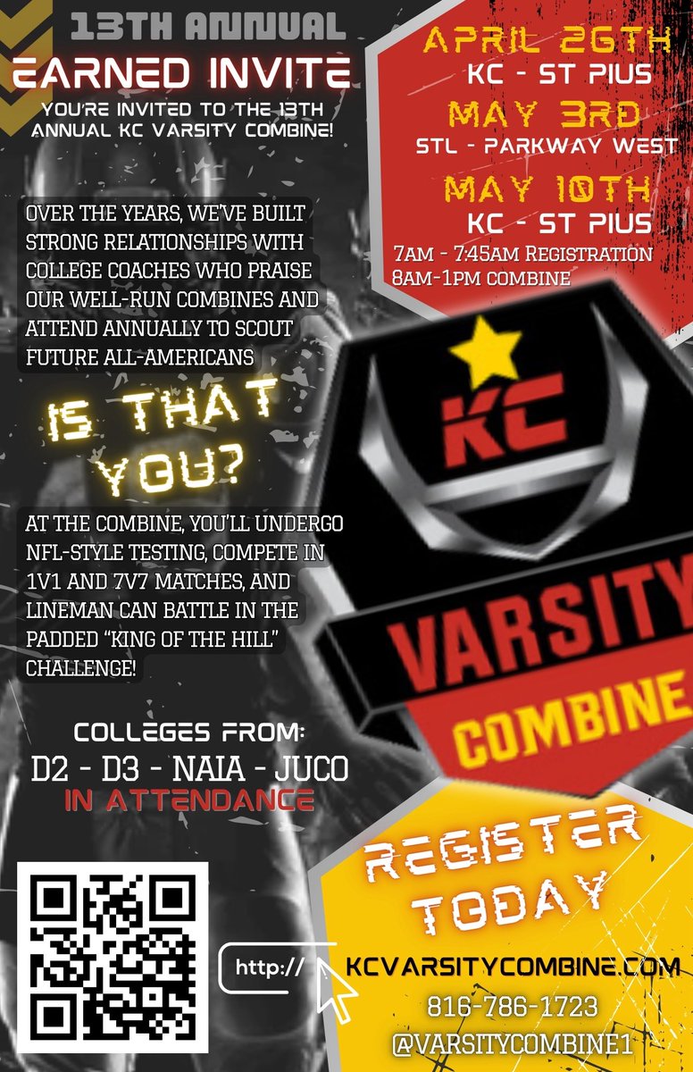 Looking forward to the rescheduled <a href="/Varsitycombine1/">KC Varsity Combines</a> in STL tomorrow! 

<a href="/RSHS_Football/">Summit Football</a> 
<a href="/RSHSsports/">RSHS Falcon Sports</a>
<a href="/PrepRedzoneMO/">Prep Redzone Missouri</a> 
<a href="/GSV_STL/">Gateway Sports Venue</a>
<a href="/JPRockMO/">JP Rock</a> 
<a href="/6starfootballMO/">Six Star Football | MISSOURI</a>
<a href="/sixstarfootball/">Six Star Football | PLUS+</a>