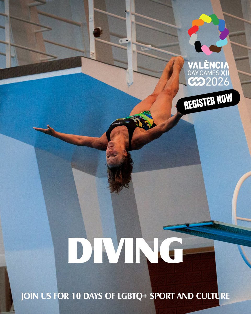 Take the leap! ⛱️🤸‍♂️ Registration is OPEN for Gay Games XII 2026 in València. Grace, courage, and pride - from the board to the splash. 🏳️‍🌈

gaygamesvalencia2026.com/en/