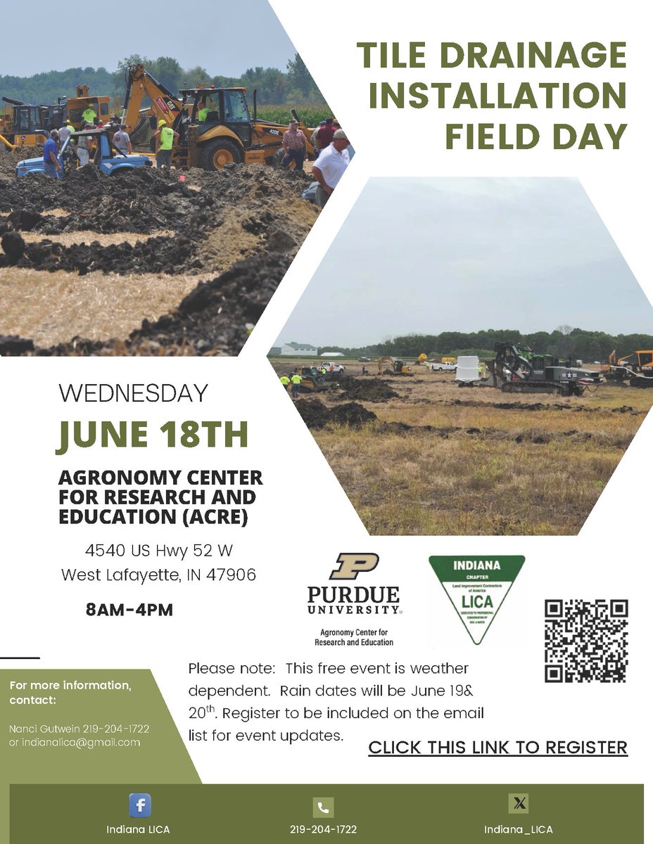 Purdue Agronomy Extension (@purdueagryext) on Twitter photo 🆓Join us for a Free Tile Drainage Installation Field Day <a href="/ACRE_Purdue/">ACRE Purdue</a>. 🚧 This year's featured project is "Installation of Dual Wall Mains", field work begins at 8:45AM on 6/18 at Purdue's ACRE farm (4530 US 52, West Lafayette).
Click to Register: purdue.ca1.qualtrics.com/jfe/form/SV_2b… 🆓Join us for a Free Tile Drainage Installation Field Day <a href="/ACRE_Purdue/">ACRE Purdue</a>. 🚧 This year's featured project is "Installation of Dual Wall Mains", field work begins at 8:45AM on 6/18 at Purdue's ACRE farm (4530 US 52, West Lafayette).
Click to Register: purdue.ca1.qualtrics.com/jfe/form/SV_2b…
