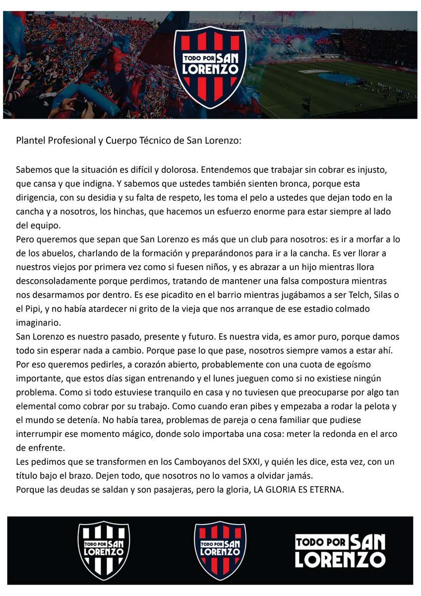 Ayer nos parecía propicio hablar solamente de los dirigentes, hoy les compartimos el mensaje que por nuestros medios intentamos hacerle llegar al plantel. Ojalá lo hayan leído.