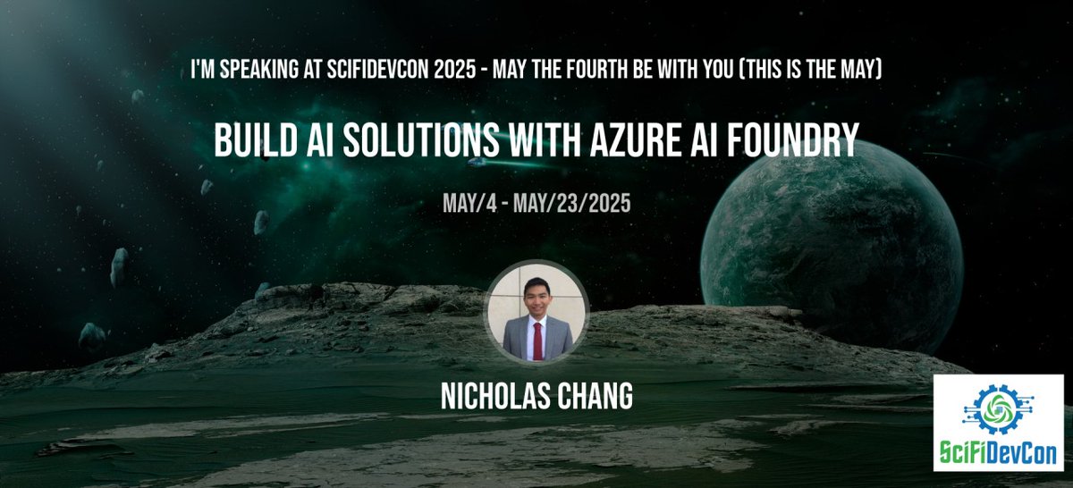 scifidevcon (@scifidevcon) on Twitter photo Day 11 of #SciFiDevCon is live! Today we have
<a href="/nick_cloudops/">Nicholas Chang</a>
with: "Build AI Solutions with Azure AI Foundry" scifidevcon.com/courses/2025-s… Day 11 of #SciFiDevCon is live! Today we have
<a href="/nick_cloudops/">Nicholas Chang</a>
with: "Build AI Solutions with Azure AI Foundry" scifidevcon.com/courses/2025-s…