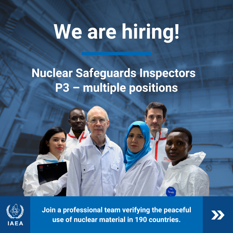 iaeaorg's tweet photo. Are you eager to make a meaningful contribution to global peace and security? We're looking for dedicated individuals like you to join our team of Nuclear Safeguards Inspectors.

Learn more and apply here: https://t.co/2a6nZWJzy8
