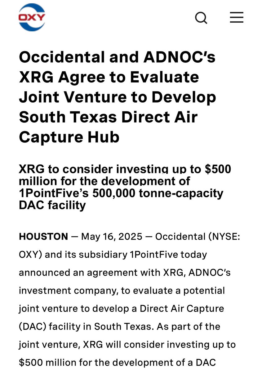 DAC projects are investable and can bring in hundreds of millions to the United States

<a href="/WeAreOxy/">Oxy</a> and <a href="/ADNOCGroup/">ADNOC Group</a> looking at a $500mm JV for the South Texas DAC hub

This is exactly why the hubs program is so critical. It keeps the US as a tech leader and brings investment.