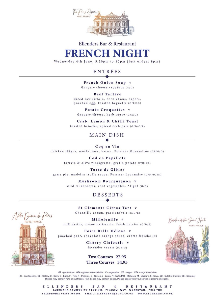 🍷🇫🇷 FRENCH NIGHT AT ELLENDERS 🇫🇷🥖

Join us for French Night on Wednesday 4th June, with table bookings from 5.30pm to 9pm. 

Two courses - £27.95
Three courses - £34.95

 Book a table online ellenders.co.uk or call 01205 364406.