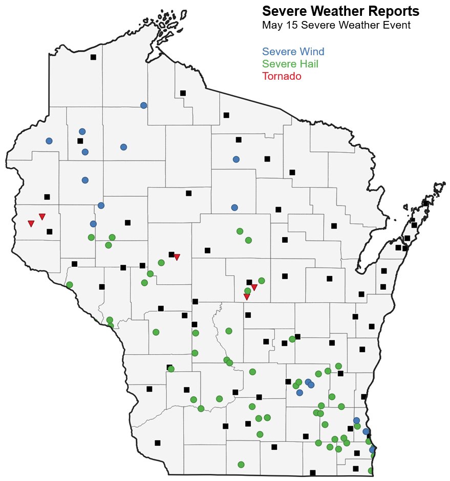 It was an active severe weather day across Wisconsin yesterday - here are reports that made it to the Storm Prediction Center.

The tornado reports from Columbia and Dodge Counties are not on the map, but the National Weather Service is completing storm surveys in Dodge today.