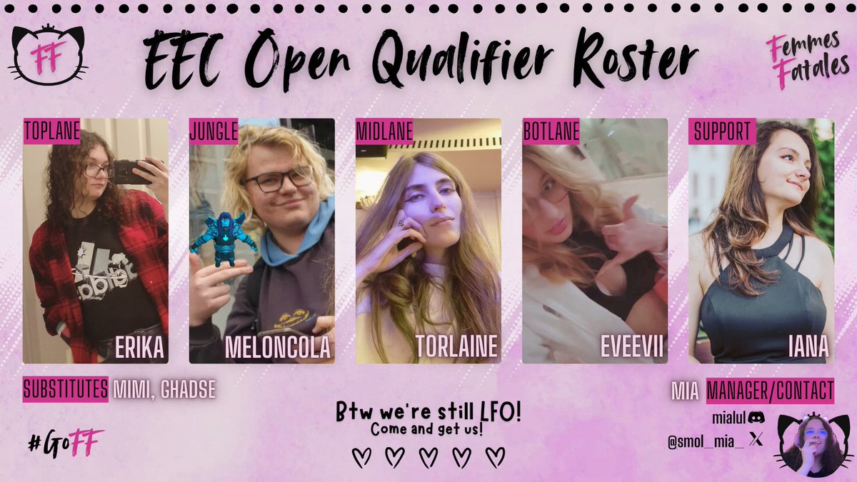 FemFatales_LoL's tweet image. Tralalero Tralala, tung tung sahur – now that we’ve caught your attention: We’re happy to finally announce our final roster – ready to make all enemies #GoFF!
Say bonjour to our femmes fatales!
#EqualEsportsCup