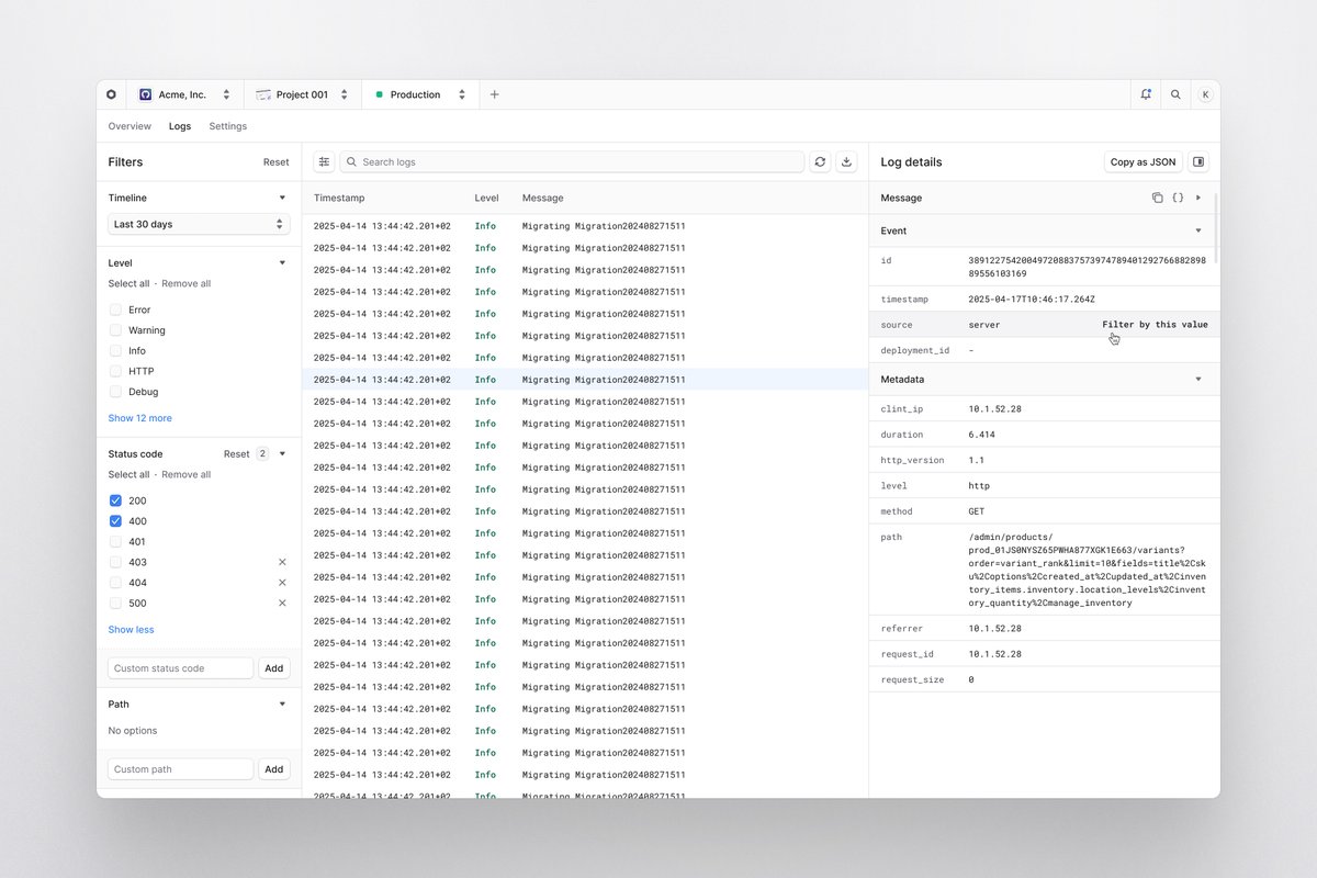 ludvigrask_'s tweet image. Log details sidepanel for the @medusajs Cloud ⚙️