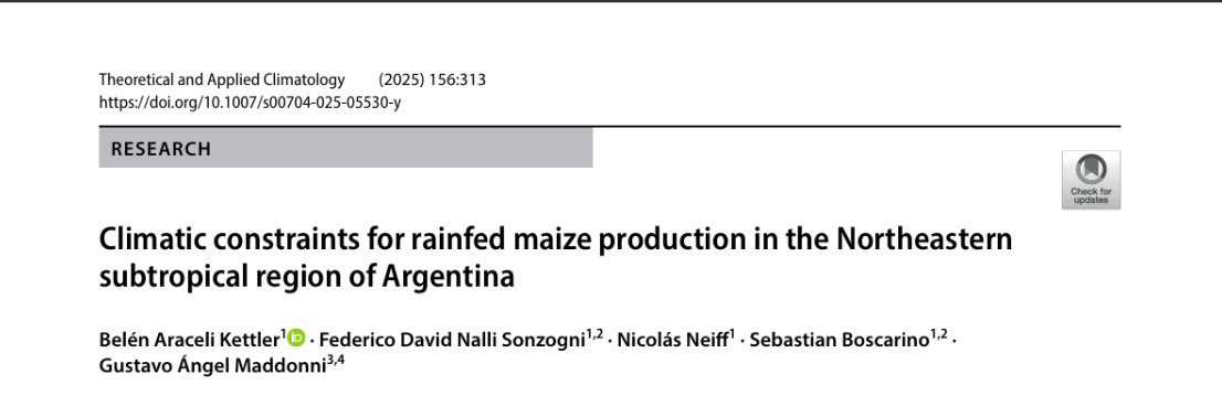 🚨🌽 ¡new paper! Un gran trabajo en equipo con <a href="/KettlerBelen/">Belen Kettler</a>, <a href="/Fede_Nalli/">Federico Nalli</a>, Nico Neiff y <a href="/Gustavomaddonni/">Gustavo</a> 
Analizamos el estrés térmico, el déficit hídrico y las altas temperaturas nocturnas en maíz de secano en el NEA 🌡️💧 durante el período crítico y el llenado de granos.
