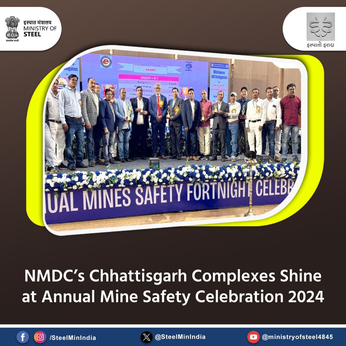 SteelMinIndia's tweet image. #NMDC’s Iron Ore Complexes in Chhattisgarh were honoured at the Annual Mine Safety Celebration 2024 by DGMS (Bilaspur &amp;amp; Raigarh). With top awards across key categories, NMDC reaffirmed its dedication to safety, welfare &amp;amp; responsible mining.

#MineSafety 
@nmdclimited