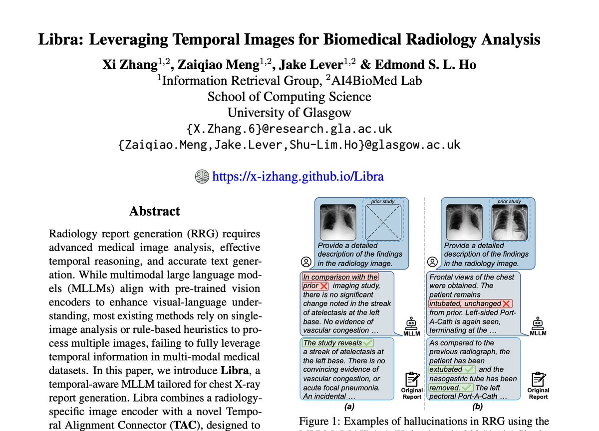 _xizhang's tweet image. ๐ Excited to share that our paper "Libra: Leveraging Temporal Images for Biomedical Radiology Analysis" (w/@mengzaiqiao, @jakelever0 & @EdmondSLHo) is accepted at #ACL2025!
๐ง TL;DR: We present Libra, a temporally-aware MLLM โ inspired by "structure determines function" โ toโฆ