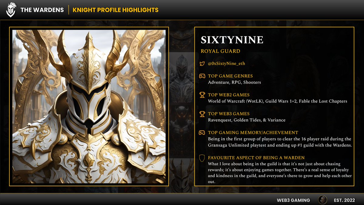 The Wardens (@thewardensgc) on Twitter photo Meet our Knights - Ep.5 🛡️
Episode 5 welcomes a Royal Guard who has been with us for over 2 years! Introducing <a href="/0xSixtyNine_eth/">SixtyNine | The Wardens</a>, a real passionate gamer and member 🎮
🏆 Top Web3 Games: <a href="/RavenQuestGame/">RavenQuest</a>, <a href="/GoldenTides_gg/">Golden Tides</a>, and <a href="/playvariance/">Variance</a> Meet our Knights - Ep.5 🛡️
Episode 5 welcomes a Royal Guard who has been with us for over 2 years! Introducing <a href="/0xSixtyNine_eth/">SixtyNine | The Wardens</a>, a real passionate gamer and member 🎮
🏆 Top Web3 Games: <a href="/RavenQuestGame/">RavenQuest</a>, <a href="/GoldenTides_gg/">Golden Tides</a>, and <a href="/playvariance/">Variance</a>