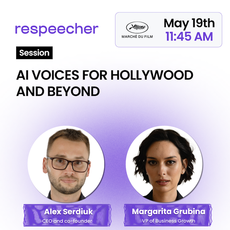 respeecher's tweet photo. Respeecher’s session at @Festival_Cannes is just 3 days away!
Mark your calendars for Monday, May 19, at 11:45 AM and join us for “AI Voices for Hollywood and Beyond.”
👉 More info: https://t.co/Z9DDIlVFUq
#Cannes2025 #respeecher #aivoices #aivoicecloning #MDF25 #MarcheDuFilm https://t.co/2IsQwGMCBn