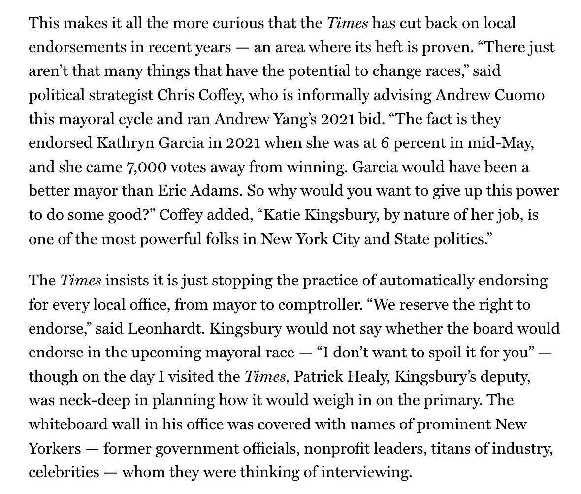 maxwelltani's tweet image. New York magazine seems to confirm our reporting that after saying it was getting out of local endorsements, the NYT IS thinking of endorsing in this year's New York mayor race after all
