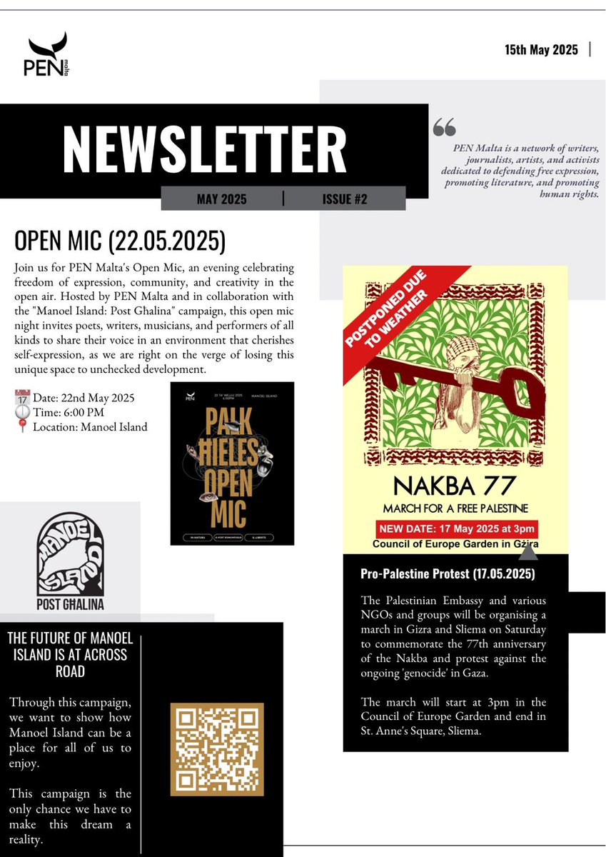 Check out PEN Malta's May newsletter – find out more about the Open Mic on Manoel Island, standing up to unchecked development, and how you can raise your voice.
Manoel Island should be for everyone, not for the greedy trying to grab our country with enabling politicians.