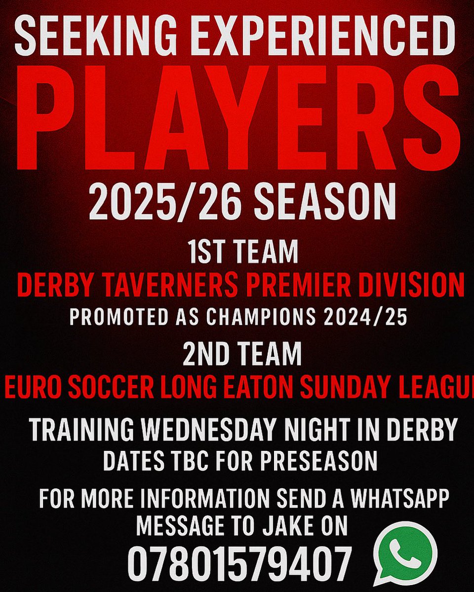 Players Wanted!!! After a successful season - We are looking for additional players to join us in our upcoming preseason with a view to joining us for the 2025/26 season. If you or know anyone of interest please feel free to message Jake or send a DM #derby #playerwanted
