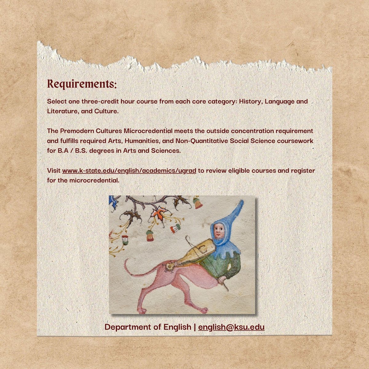 English Department (@englishkstate) on Twitter photo Passionate about the past? Explore the new interdisciplinary microcredential in Premodern Cultures! Visit k-state.edu/english/academ⦠for more information. <a href="/KStateArtSci/">K-State Arts and Sciences</a> <a href="/KStateHistory/">KSU History Department</a> <a href="/KStateModLangs/">K-State Modern Languages</a> <a href="/KSUPhilosophy/">KState Philosophy</a> <a href="/KStateArtDept/">K-State Dept of Art</a> <a href="/KStatePoliSci/">Political Science</a> Passionate about the past? Explore the new interdisciplinary microcredential in Premodern Cultures! Visit k-state.edu/english/academ⦠for more information. <a href="/KStateArtSci/">K-State Arts and Sciences</a> <a href="/KStateHistory/">KSU History Department</a> <a href="/KStateModLangs/">K-State Modern Languages</a> <a href="/KSUPhilosophy/">KState Philosophy</a> <a href="/KStateArtDept/">K-State Dept of Art</a> <a href="/KStatePoliSci/">Political Science</a>