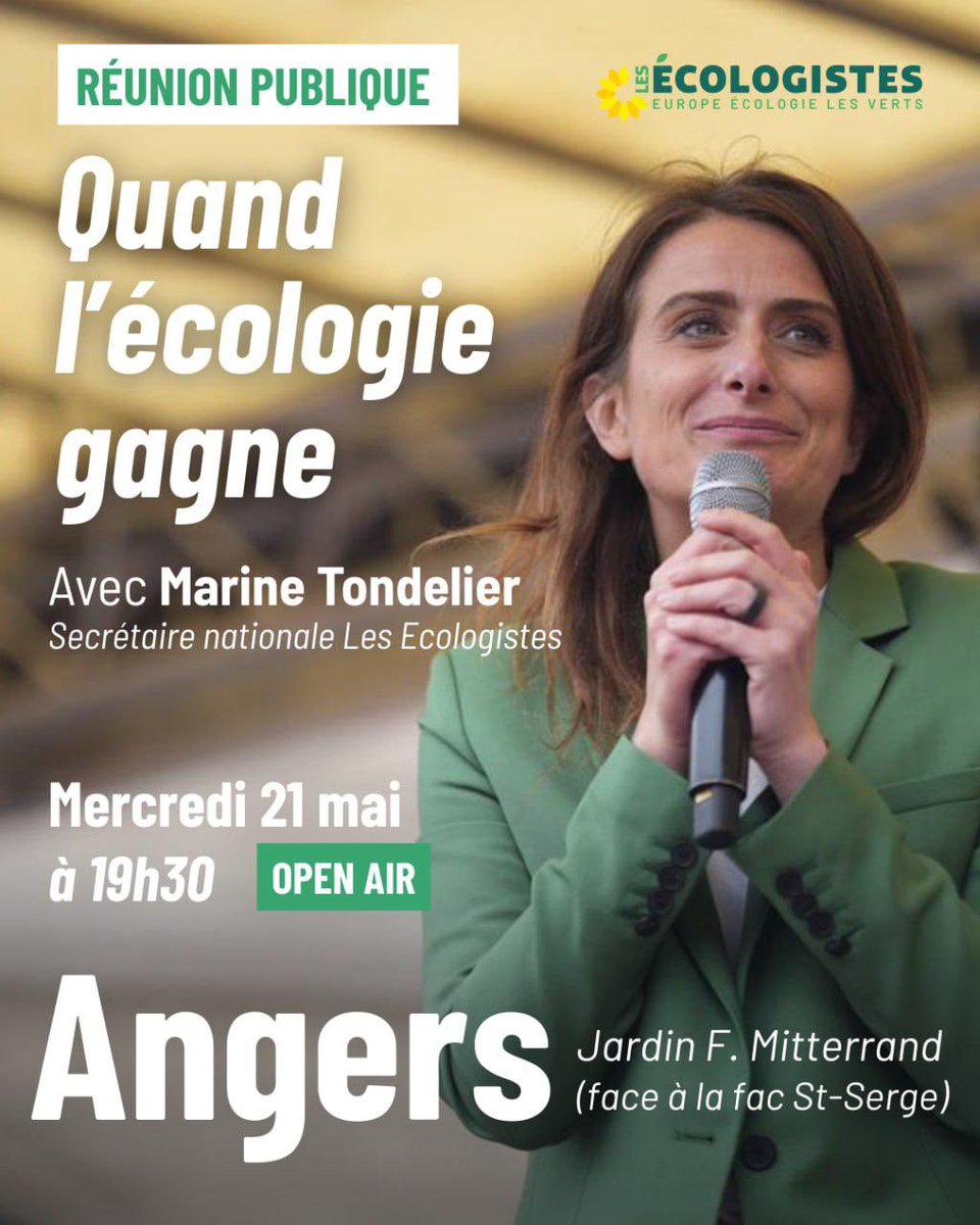 🌻 <a href="/marinetondelier/">Marine Tondelier</a> sera à #Angers ce mercredi 21 mai pour une #réunionpublique en plein air à 19h30, jardins François Mitterrand (pelouse fac St-Serge)
Entrée gratuite bien évidemment !
 
🚊Ligne A - arrêt St-Serge université 
🚲 Arceaux à proximité 
🚗 Parking St-Serge