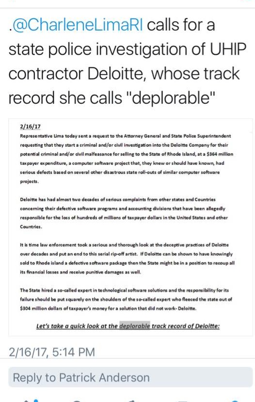 CharleneLimaRI's tweet image. I warned our leaders in 2017 about the deplorable reputation of Deloitte as tweeted by Patrick Anderson. If our elected leaders spent more time on issues that affect the safety of our citizens instead of the extreme woke nonsense Rhode Island would be a far better place to live.