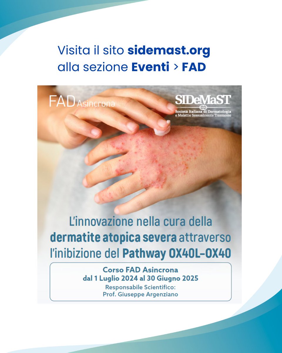 🎓FAD - L'innovazione nella cura della #dermatiteatopicasevera
📍2 crediti #ECM
Rivolto a Medici Chirurghi specialisti in #Allergologia ed #immunologia clinica, #Dermatologia e #Venereologia, #Farmacologia e #tossicologia clinica.
🔗Online alla pagina sidemast.org/fad/81