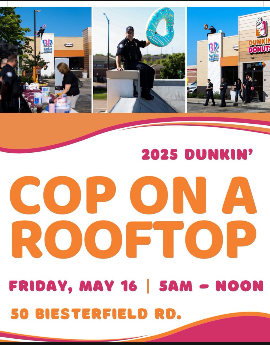 We are HERE supporting Special Olympics Illinois at 50 Beisterfield Rd. (Beisterfield Rd. just west of Arlington Heights Rd) until noon! Make sure to wave to the officer on the roof! #CopOnTop