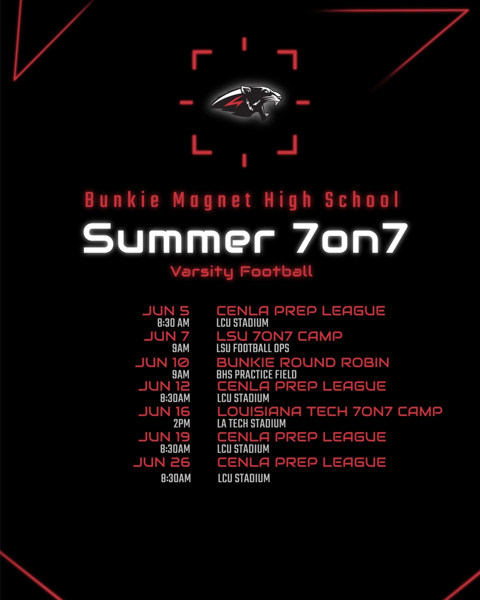 Varsity Football Summer 7on7 schedule. We will be back in the Cenla Prep League this year on Thursday Mornings at LCU as well as tournaments at LSU and La Tech.
#ProveIt