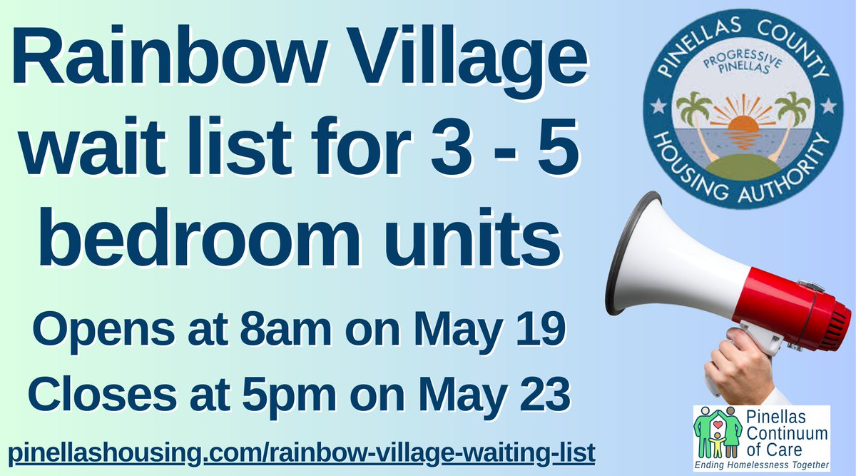 📢Rainbow Village Apartments wait list opens Monday!
🗓️Open 8am on May 19 to 5pm on May 23
🏘️3-5 bedroom units in Largo
👨‍👩‍👧‍👦For households of 3-12 at or below 80% AMI
💻Learn More &amp; Apply: pinellashousing.com/rainbow-villag…
📞Call 727-581-4793 for help
#PinellasCoC #EndingHomelessnessTogether