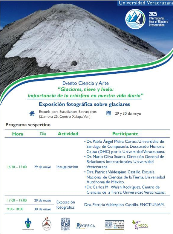 ❄️📸 Exposición fotográfica: “Glaciares, nieve y hielo” 🎨🔬

📅 29-30 mayo
📍 Escuela Estudiantes Extranjeros (Xalapa)
⏰ Programa vespertino
🔹 Inauguración con expertos
🔹 Exposición de @ENCT_UNAM
#Criosfera2025 #UV 👇