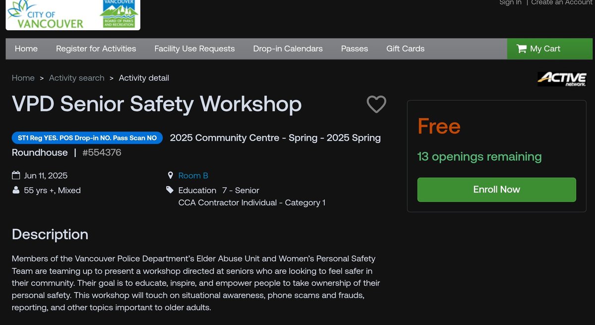 Eddy Elmer ๐จ๐ฆ ๐ณ๏ธโ๐ ๐บ๐ฆ ๐ธ (@eddy_elmer) on Twitter photo A few more openings for the <a href="/VancouverPD/">Vancouver Police</a> Senior Safety Workshop on June 11, 1:30-2:30pm at the Roundhouse Community Centre. Learn about situational awareness, phone scams and frauds, reporting, and more. Free. Register here: anc.ca.apm.activecommunities.com/vancouver/actiโฆ A few more openings for the <a href="/VancouverPD/">Vancouver Police</a> Senior Safety Workshop on June 11, 1:30-2:30pm at the Roundhouse Community Centre. Learn about situational awareness, phone scams and frauds, reporting, and more. Free. Register here: anc.ca.apm.activecommunities.com/vancouver/actiโฆ