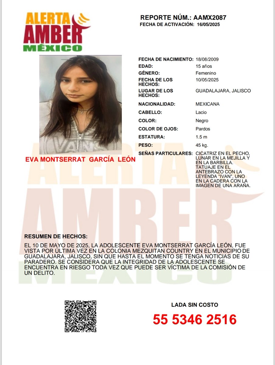 #AlertaAMBER solicita su apoyo y RT para la búsqueda y localización de la adolescente EVA MONTSERRAT GARCÍA LEÓN, de 15 años de edad.