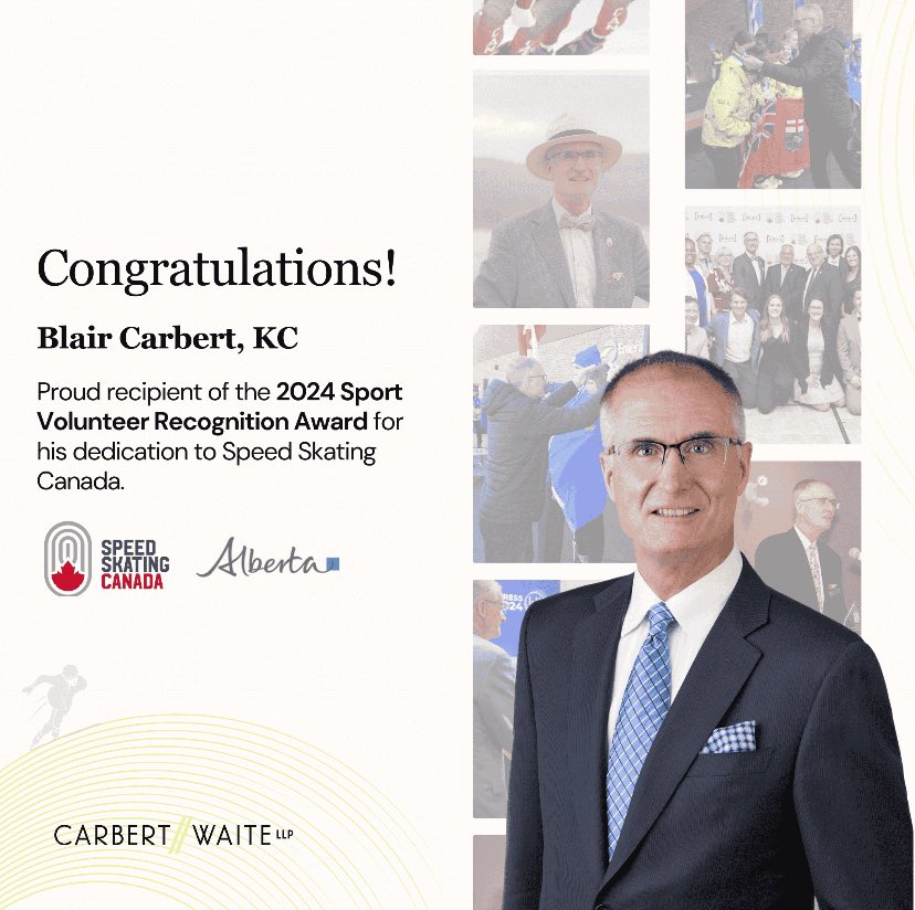 We are proud to see Carbert Waite’s founding partner, Blair Carbert KC, recognized with the 2024 Sport Volunteer Recognition Award by Tourism and Sport Alberta, for his unwavering dedication to Speed Skating Canada! 

Learn more about Blair’s recognition: albertasport.ca/programs/alber…