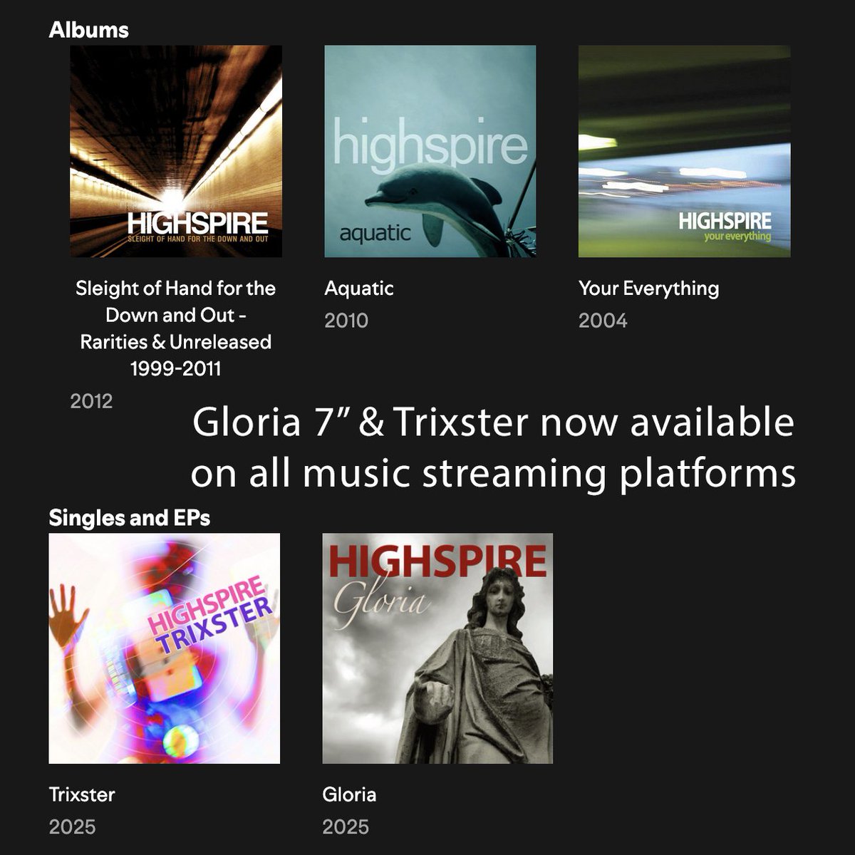 Trixster &amp; the Gloria 7" songs are now up on all streaming services. The Crushed album won't be until it's release date, 7/11

Spotify, type in Highspire, link is too long. 🙏🏼🤘🏼

#highspire #shoegaze #shoegazer #dreampop #tearsrunrings #fleetingjoys #indierock #spotify #noisepop