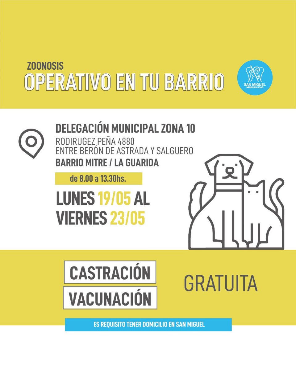 Del lunes 19/05 al viernes 23/05 realizaremos un operativo de Zoonosis en Barrio Mitre/La Guarida🐱🐶
Mirá los detalles del operativo en la foto👇