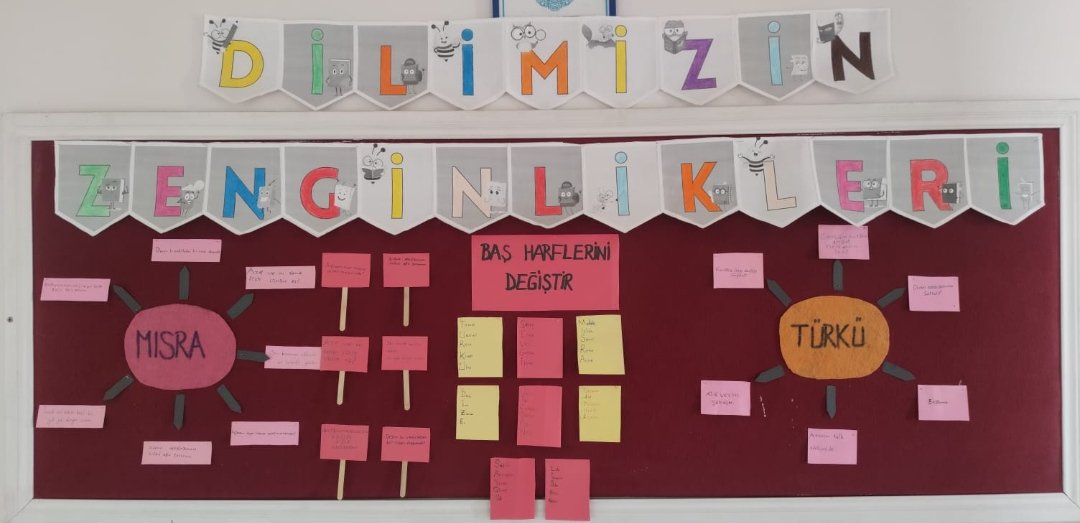 Dilimizin Zenginlikleri Projesi kapsamında Mayıs ayı panomuz hazırlandı. Mayıs etkinlikleri kapsamında "Mısra"ve "Türkü 'ile ilgili de etkinlik yapıldı. Panonun hazırlanmasında ve yıl boyu etkinliklerin yapılmasında emeği geçen Türkçe öğretmenimiz Songül Hocamıza teşekkür ederiz.