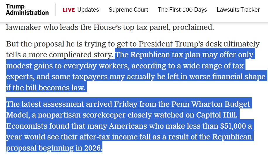 Fritschner's tweet image. JCT is not alone in this finding. @TonyRomm reports, "a wide range of tax experts" including the Penn-Wharton model found "many Americans who make less than $51,000 a year would see their after-tax income fall as a result of the Republican proposal"
nytimes.com/2025/05/16/us/…