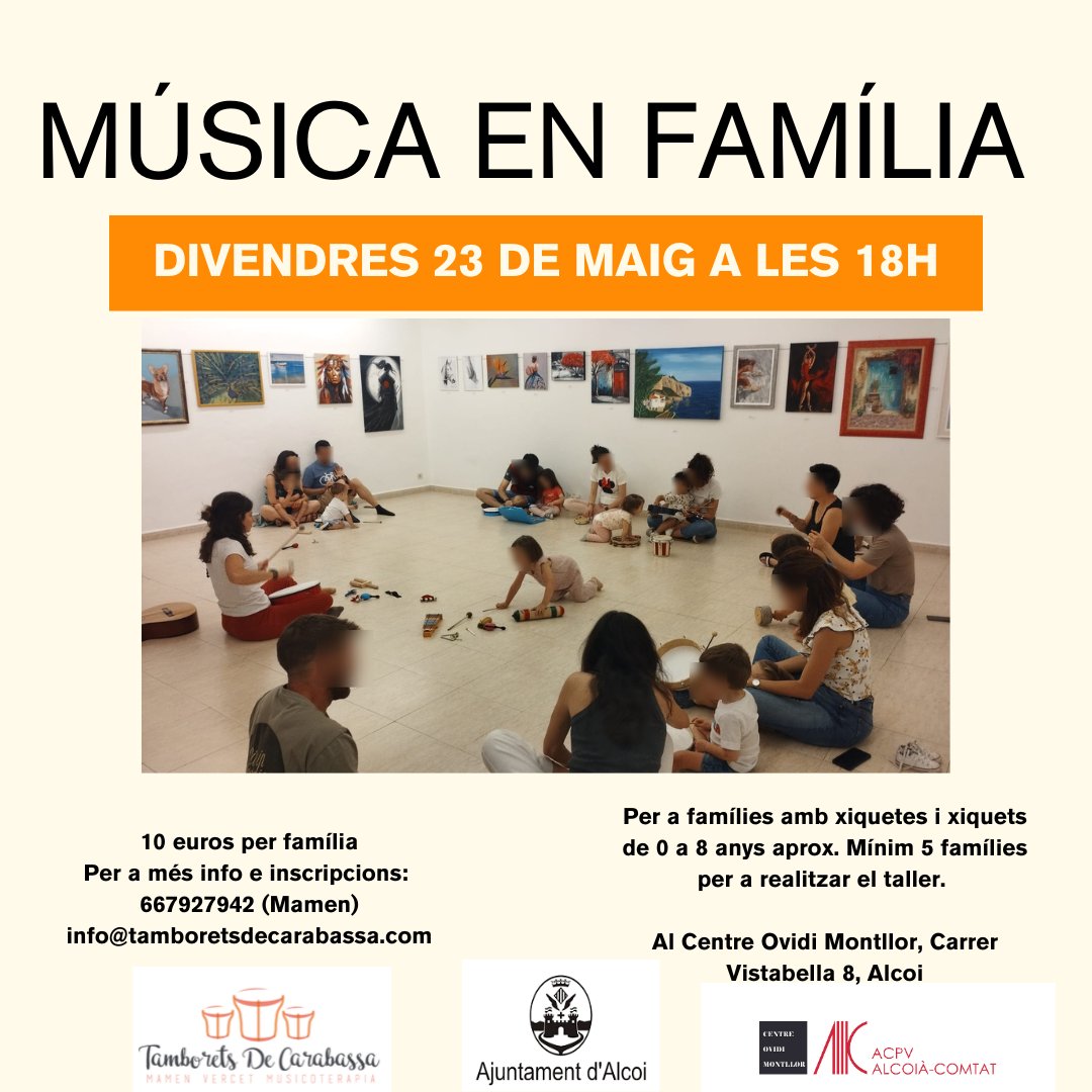 CentreOvidiMontllor (@ccovidimontllor) on Twitter photo Taller de Música en Família del curs 2024/2025 al Centre Ovidi Montllor. El divendres 23 de maig a les 18h t'hi esperem. No cal tindre cap coneixement previ. Inscripcions per a realitzar els tallers de música en família info@tamboretsdecarabassa.com o bé al telèfon 667927942. Taller de Música en Família del curs 2024/2025 al Centre Ovidi Montllor. El divendres 23 de maig a les 18h t'hi esperem. No cal tindre cap coneixement previ. Inscripcions per a realitzar els tallers de música en família info@tamboretsdecarabassa.com o bé al telèfon 667927942.