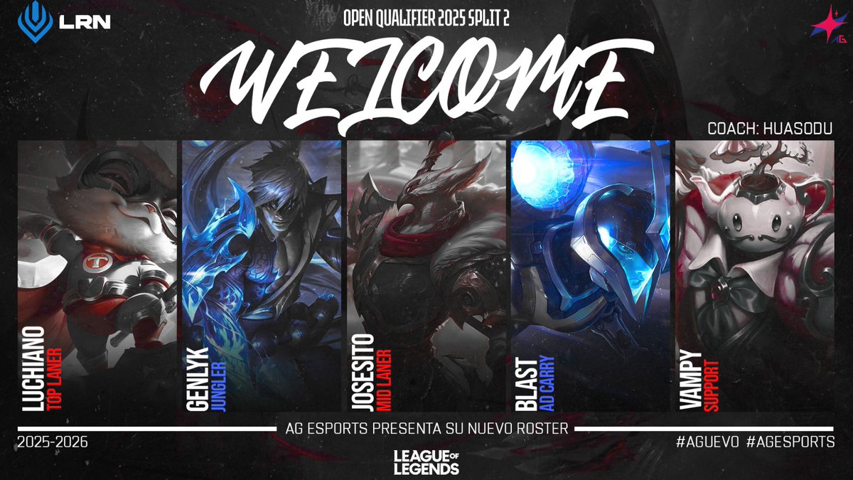 Les presentamos a nuestro nuevo roster ,quienes nos representaran con honor y mucho nivel en este Open Qualifier 2025  , estan listos para esta temporada?  #Aguevo
Top:<a href="/Luchianowo/">Luchiano</a>
Jg: <a href="/genlyk95532/">Genlyk</a>
Mid: <a href="/jossesito8613/">jossesito</a>
Adc: <a href="/BlastDonovan/">David 'ßlast' Ramirez</a>
Sup: Vampy/Ottenok
