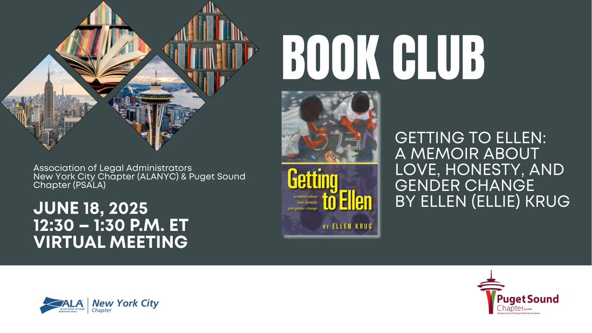 Join ALANYC and PSALA as we bring our chapters and DEI teams together for a book club session in recognition of Pride Month with Ellen (Ellie) Krug for a discussion of her book Getting to Ellen.  Register here: alanyc.memberclicks.net/book-club-june…
#diversity #bookclub #pridemonth