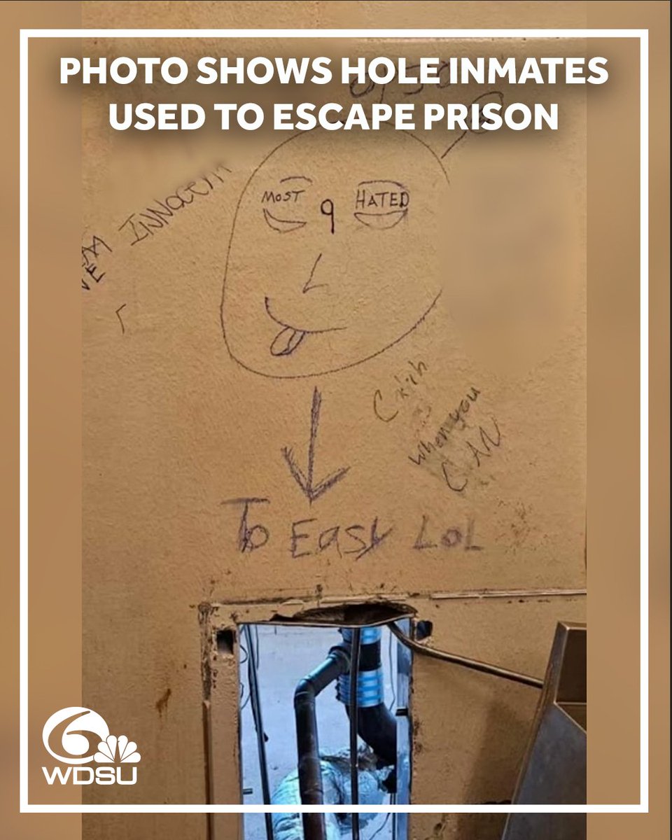 wdsu's tweet photo. BREAKING: WDSU has obtained a photo that shows the hole in the wall 11 inmates are believed to have used to escape Orleans Parish Jail. https://t.co/VHLGPhdxjL https://t.co/qNX5NCHEc9